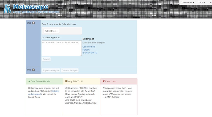 Screenshot of the Metascape main web user interface