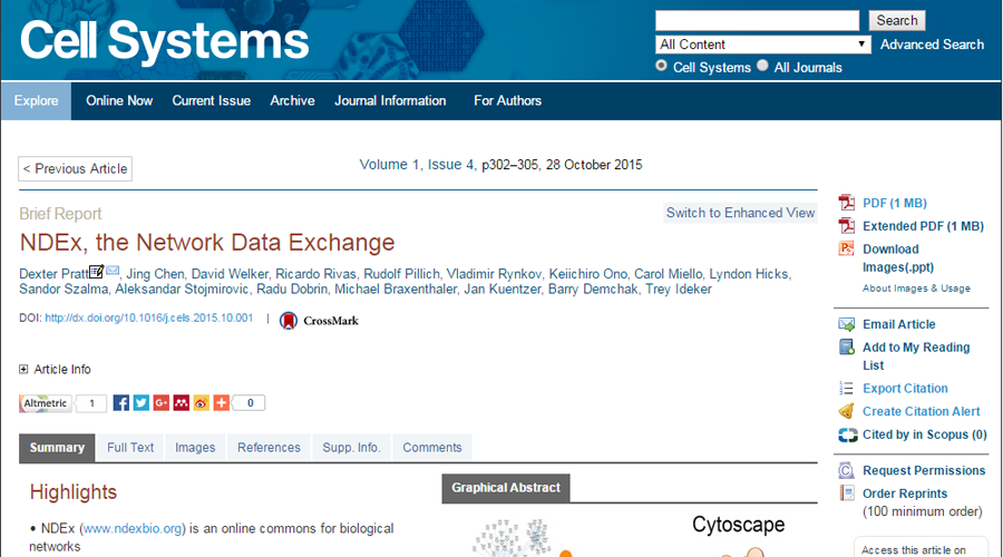 The NDEx paper available online on the Cell Systems journal website